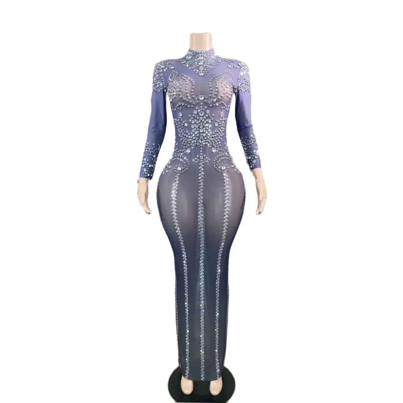 Long Sleeves Shining Rhinestones Sexy Dress For Women Evening Celebrity Clothing Stage Singer Costumes Ballroom Wears Prom Wear