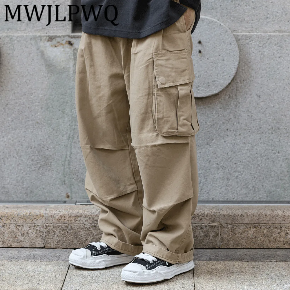 

MWJLPWQ Khaki Solid Color Multi-Pocket Cargo Men's Street Style Loose Wide-Leg Pants Casual Autumn Straight-Leg Trousers 21833