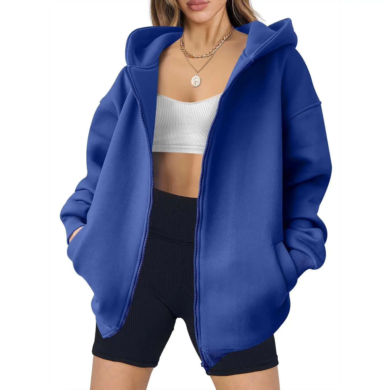 

Women's Zipper Hooded Sweatshirt Oversized Drawstring Thickened Commute Style Casual Comfortable Soft Fabric Hoodie Jacket