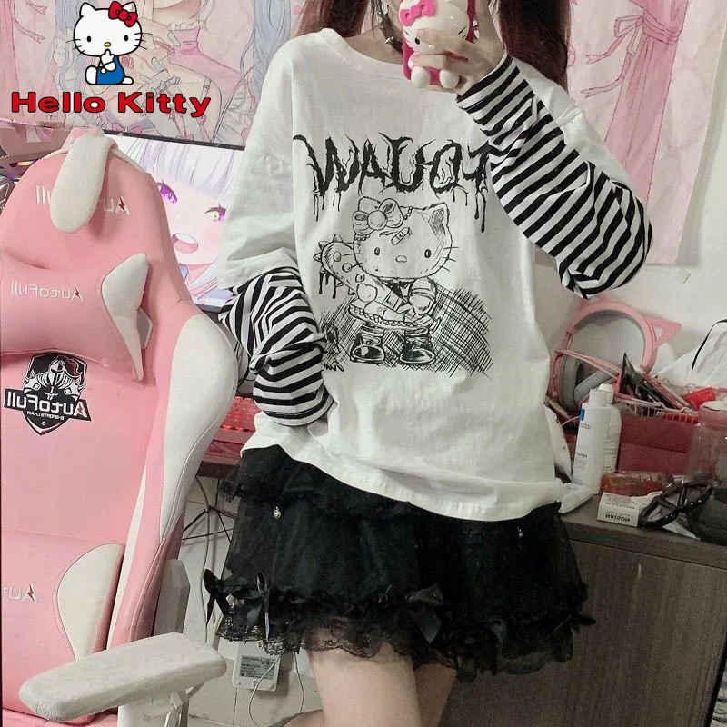 Kawaii Sanrio Clothing Sweet Hello Kitty Top Women 2022 New Anime Cartoon Loose Student Cute Soft Girl Long Sleeved T Shirt