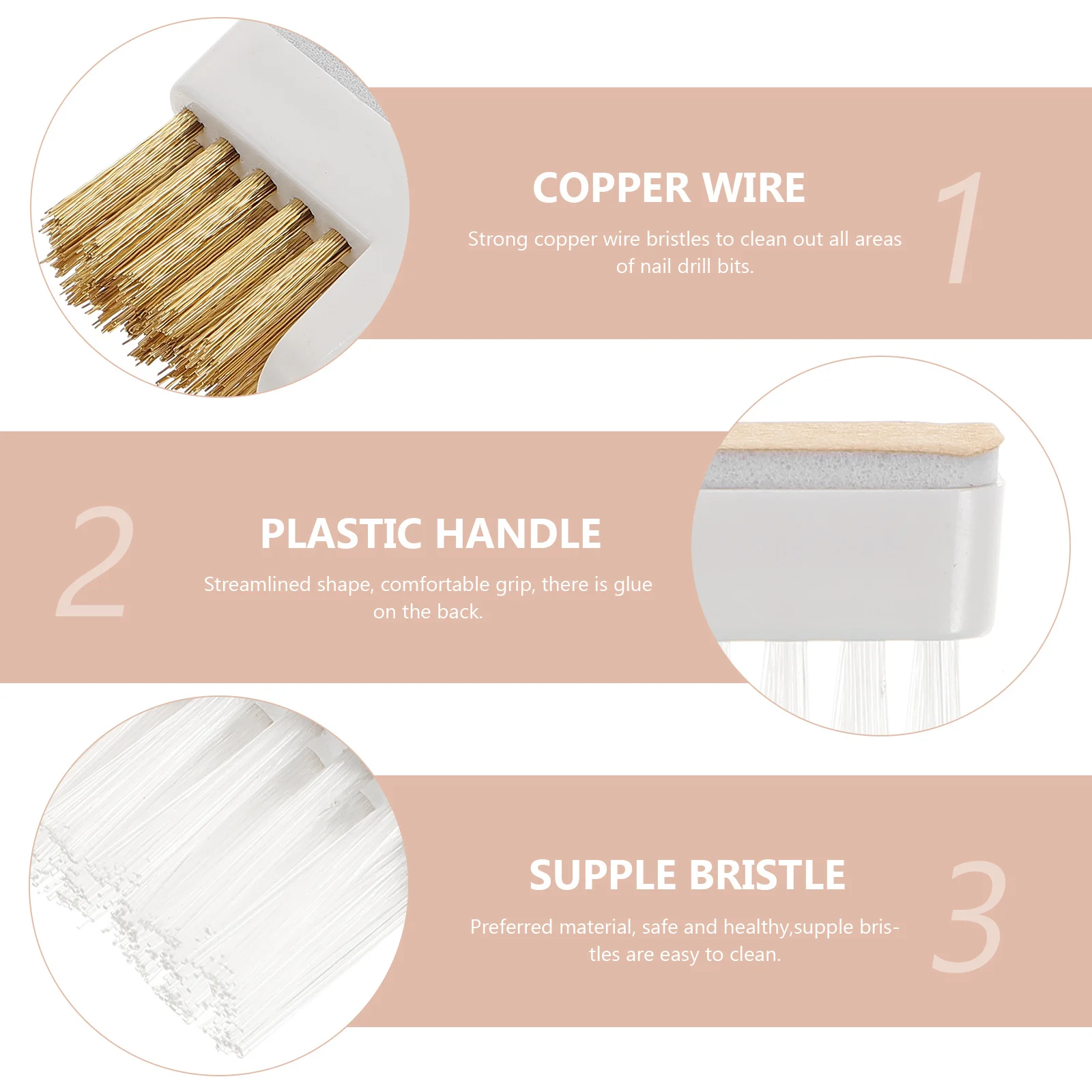 3 個の銅ネイルドリルビットクリーナーブラシネイルドリルクリーニングマニキュアツール研削ヘッド研磨塵除去
