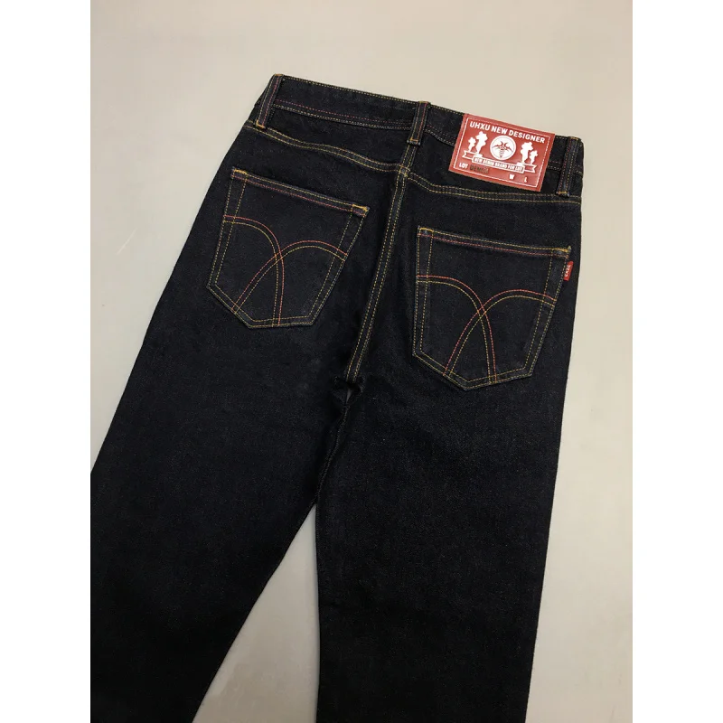 

Fashionable high-end original color jeans for men, trendy embroidery, slim fit straight leg, heavyweight washed long pants