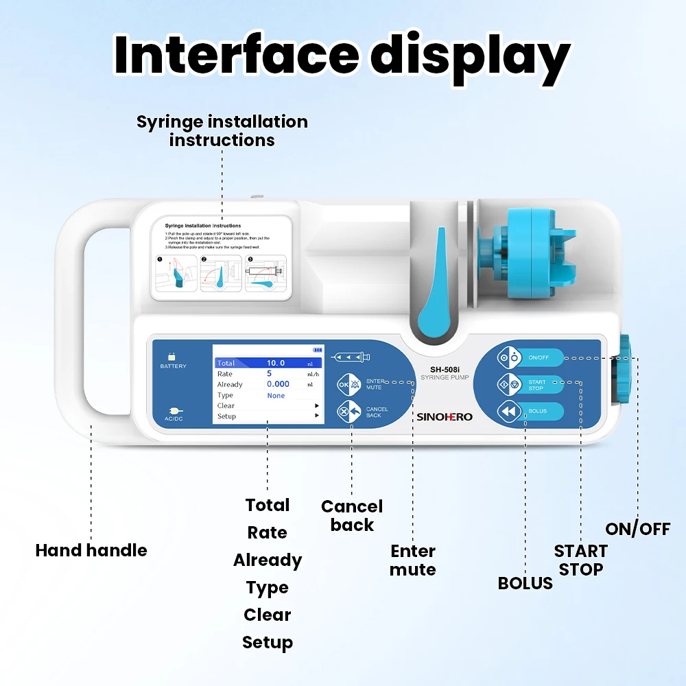 SINOHERO-Bomba de seringa para humanos, canal único, alarme em tempo real, infusão médica elétrica, display LCD, SH-508i