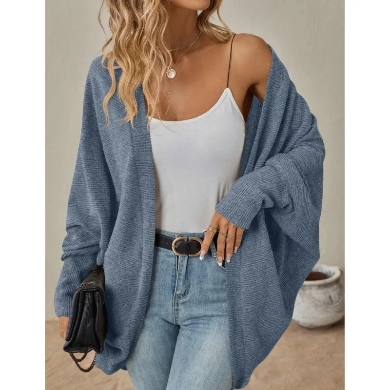 

Lazy Casual Ladies Mid Legnth Coats Sweaters Autumn New Knitted Solid color Bat-sleeved Open Stith Cardigan Loose Sweater Jacket