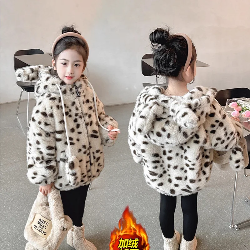 Girl Winter Jacket Autumn Thicken Hoodie Zip-Up Jacket Tops Coat Leopard Print Child Versatile Kawaii Fashion Casual Clothing