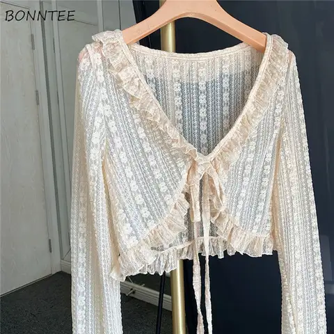 Bluzlar Kadın Yaz Ince Ruffles Vintage Nefes Örgü Kırpılmış Güneş Koruyucu Tüm Maç Temel Ince İhale Retro Kadın Estetik