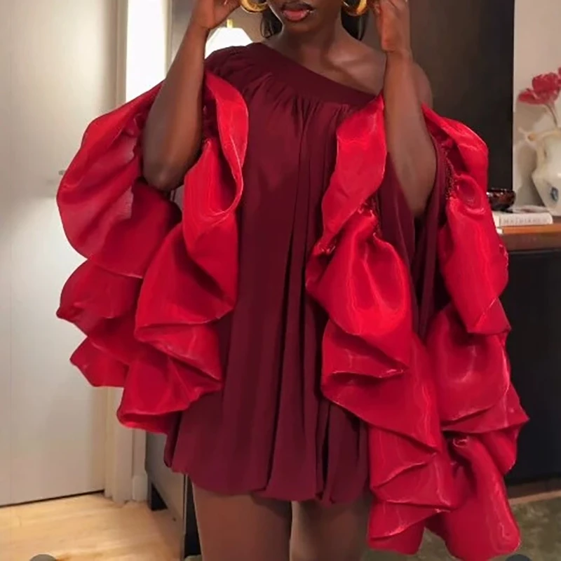 Temperament Casual Simple Loose Dress Sexy Slash Collar Hollow Out Chiffon Dress Elegant Flare Long Sleeve Color Blocked Dress