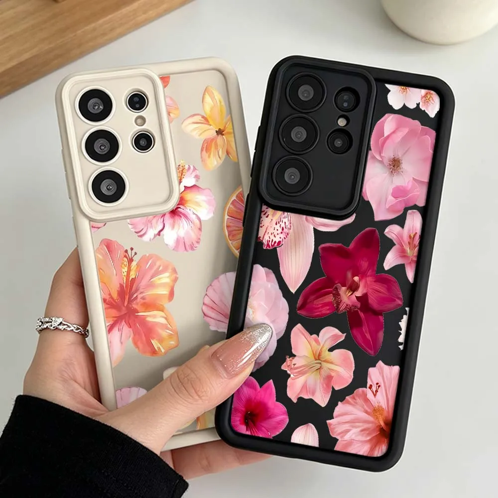 Pink Lily Bloom Pink Orchid Silicone Case For Samsung Galaxy S26 S25 S24 S23 S22 S21 S20 Ultra Plus FE Soft Phone Case