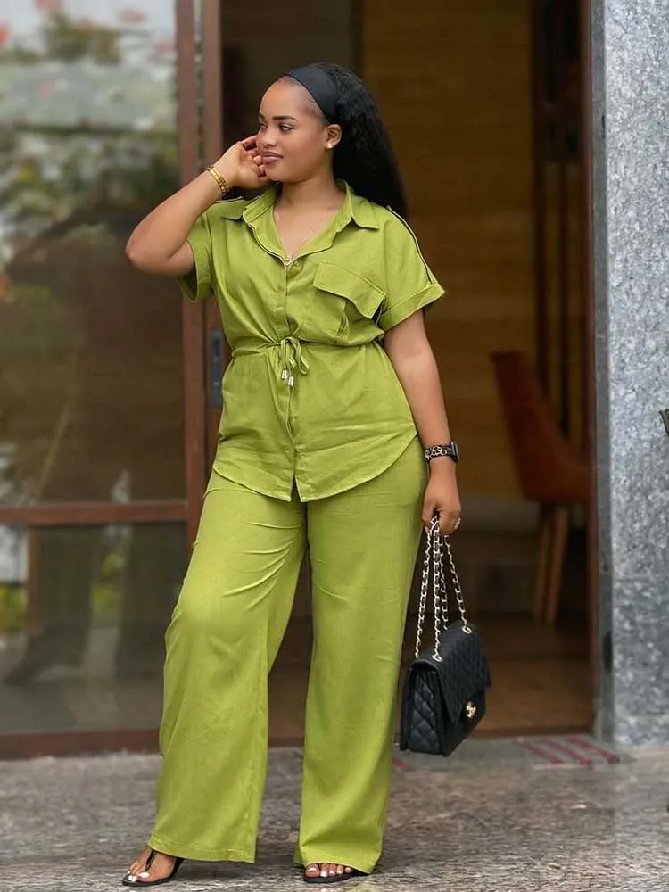 Conjunto de calças verdes e blusa de cintura emagrecedora para mulheres verão cor sólida 2 peças terno feminino chique roupa casual streetwear