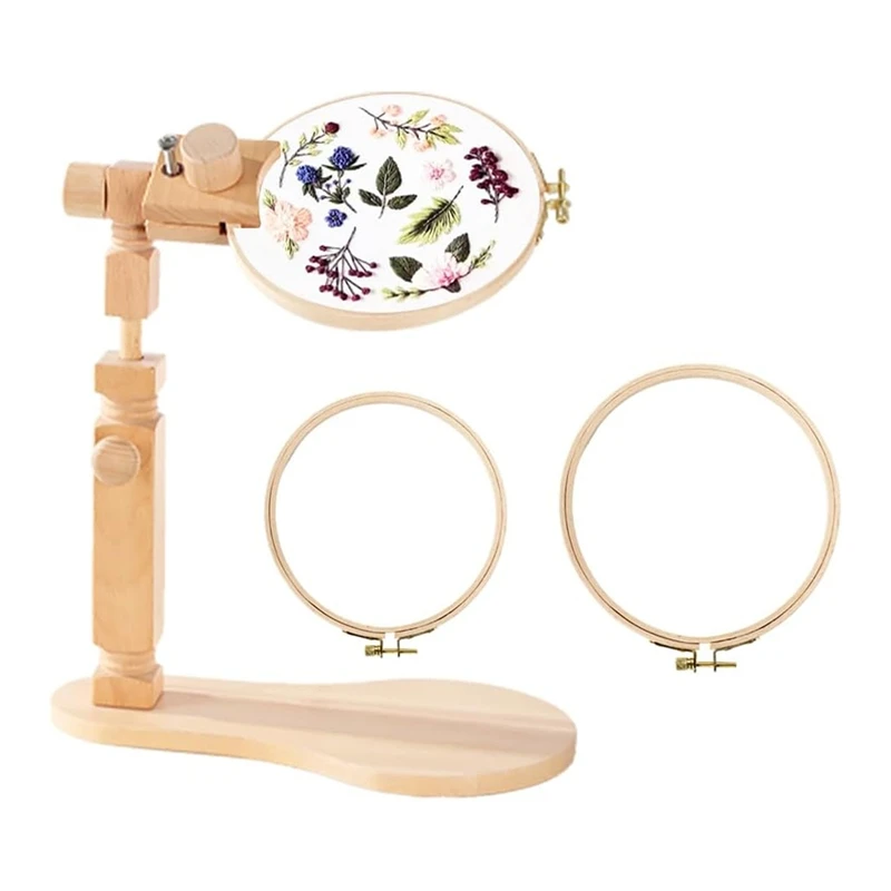 Adjustable Embroidery Hoop Stand With 2PCS 6In 7In Hoops, Solid Hand-Polished Natural Wood Holder For Sewing Projects