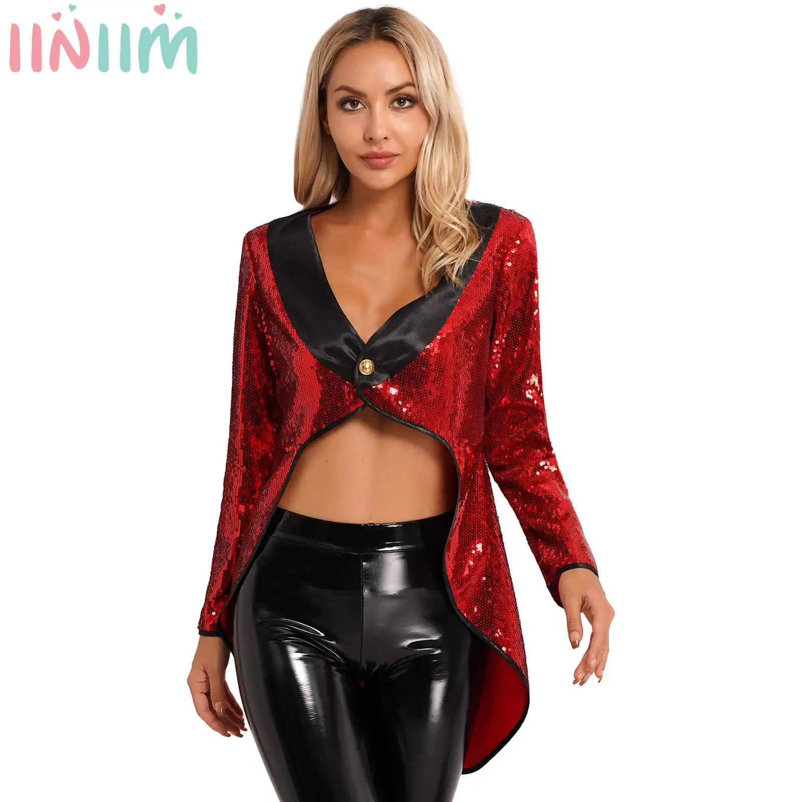 Womens Halloween Magician Performance Costume Circus Ringmaster Tailcoat Theme Party Sparkle Sequin Button Tuxedo Jacket Coats