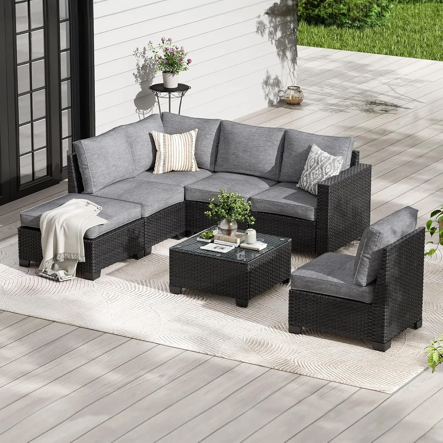 

7-Piece Patio Furiture Sofa Set, Outdoor Furniture with Corner Sofa, Ottoman, 3 Armless Chairs, One-Arm Sofa & Coffee Table, Wat