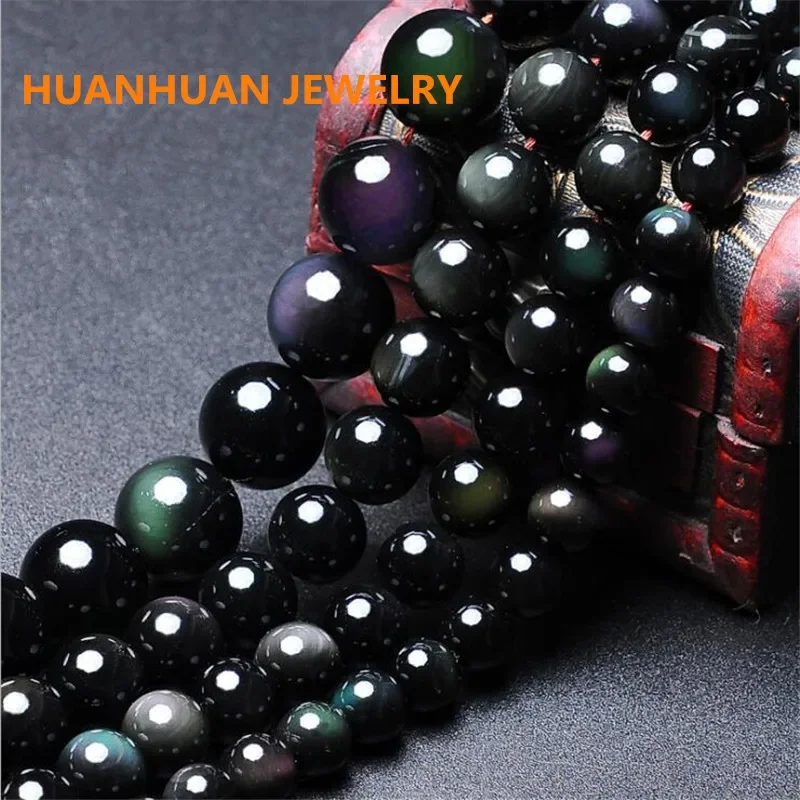 Perles rondes en pierre d'obsidienne arc-en-ciel, véritable Flash naturel, fil de 15 pouces pour la fabrication de bijoux, Bracelet à bricoler soi-même, 4/6/8/10//12/14mm