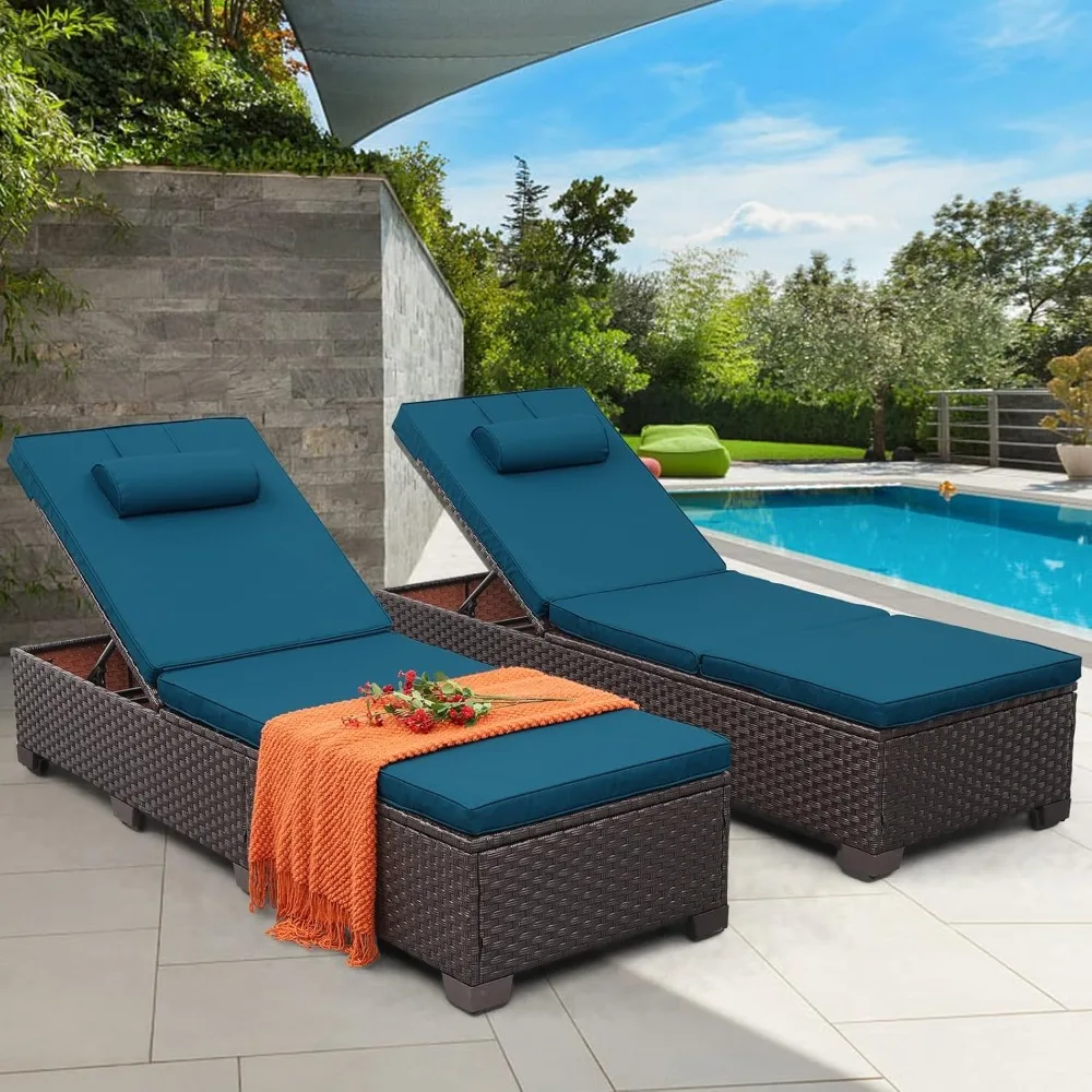 

Outdoor PE Wicker Chaise Lounge Set, Patio Lounge Chairs, Outside Pool Lounger Furniture Set of 2, Brown Rattan Recliners with A