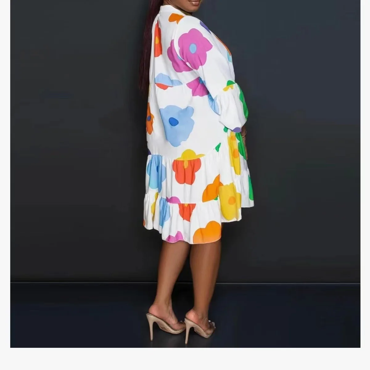 Casual Loose Print Shirt Dress Women Fashion V-neck Flared Sleeves Dresses For Women 2025 Boho Ruffles Patchwork Dress Ladies