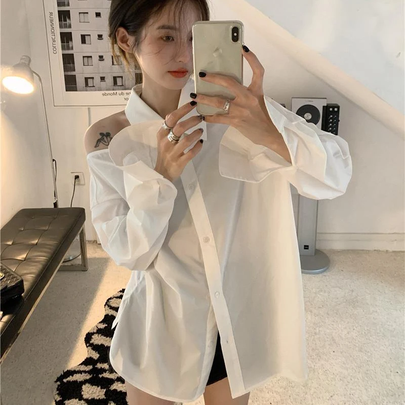 Off Shoulder White Shirt Women Korean Fashion Chic Loose Long Sleeve Top Thin Summer Office Ladies Casual All Match Solid Blouse