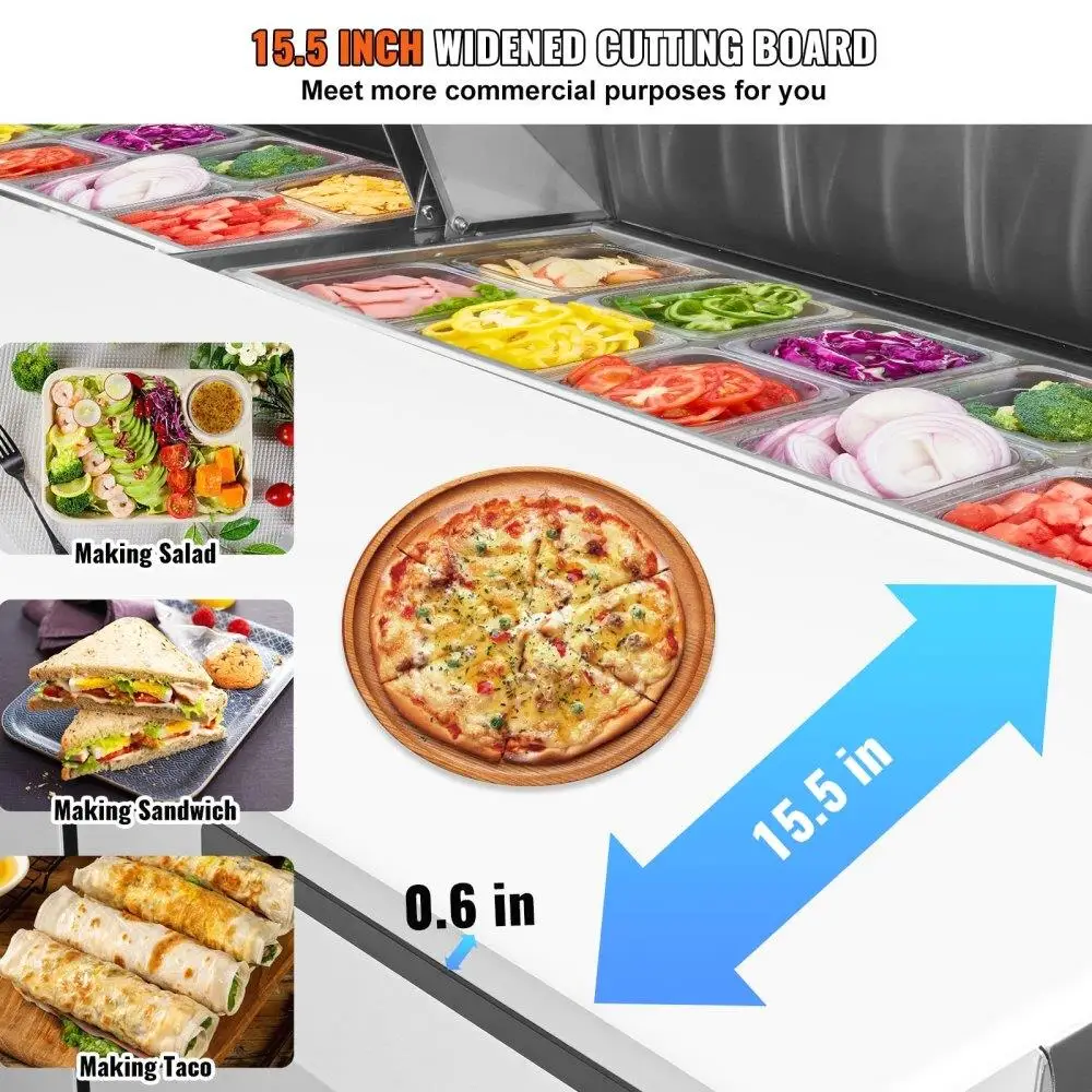 Tavolo per la preparazione di insalate per panini in acciaio inossidabile da 72 pollici Stazione di preparazione refrigerata da 1773 piedi cubi con tagliere da 18 padelle 3 porte