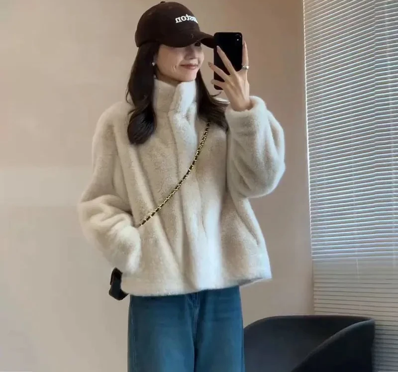 معطف فرو نسائي من ort Thiened بياقة واقفة من الجلد والفرو الكامل شتوي دافئ كاجوال #1