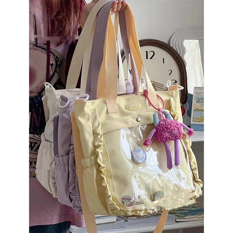 HAEX Lolita Women Tote Bags Fashion Students Transparent Badge Doll Shoulder Bags Large Capacity Commute Ruched Messenger Bolso