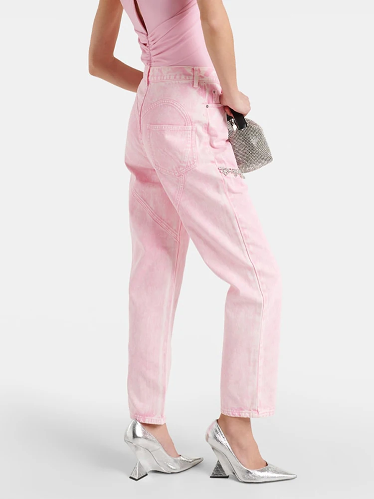 TWOTWINSTYLE Solid Designer Hollow Out Ankle-Length Pant For Women High Waist Patchwork Diamonds Wide Leg Pants Female TPA640161
