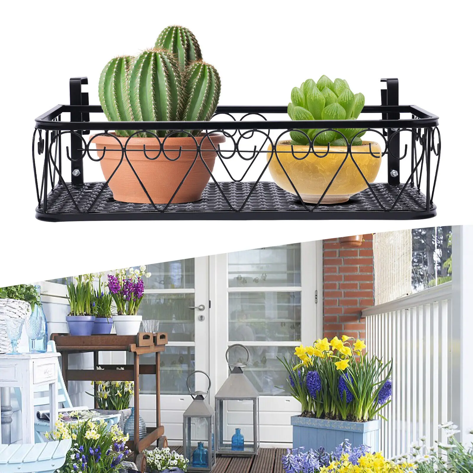 Hanging Railing Planter with Hooks Balcony Plant Holder Railing Shelf Fence Flower Bucket Plants Rack Flower Pot Stand Holder