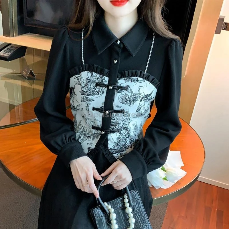 Fashion women faux two-piece vintage patchwork shirt spring autumn Chinese style long sleeve top daily buckle blouse