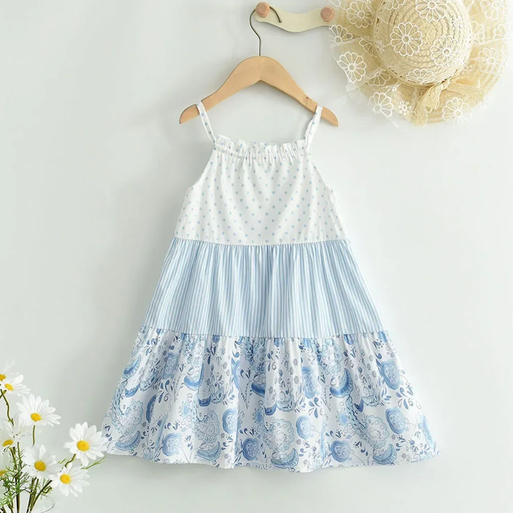 Bear Leader Summer Baby Girls\' Clothing Polka Dot Striped Floral Patchwork Camisole Skirt Girls\' Fashion Dress For 3-7 Years