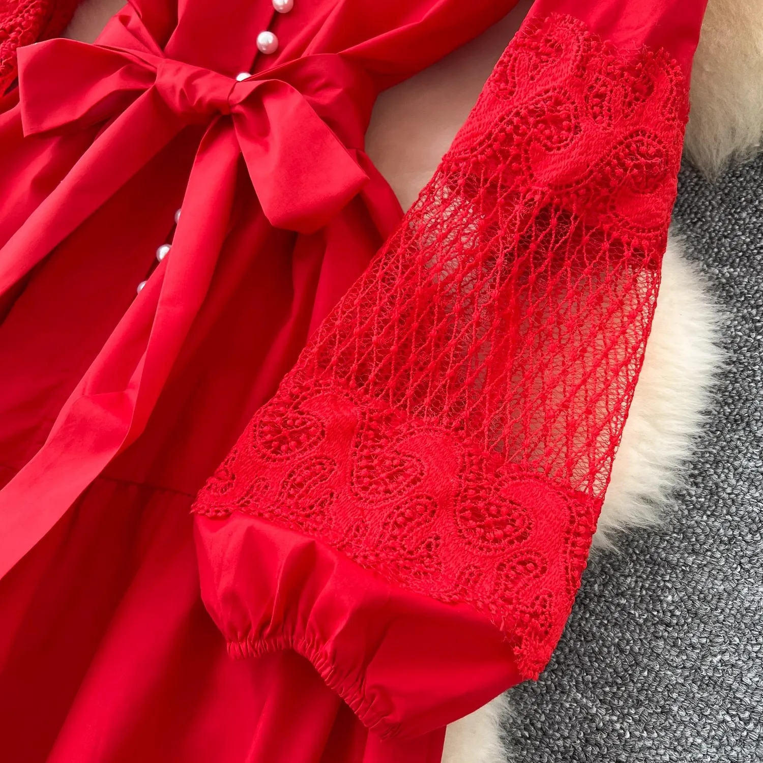 滑走路フリルフラワーレース刺繍パッチワークレッドロングパーティードレス女性の真珠シングルブレストヴィンテージイブニングプロム Vestido