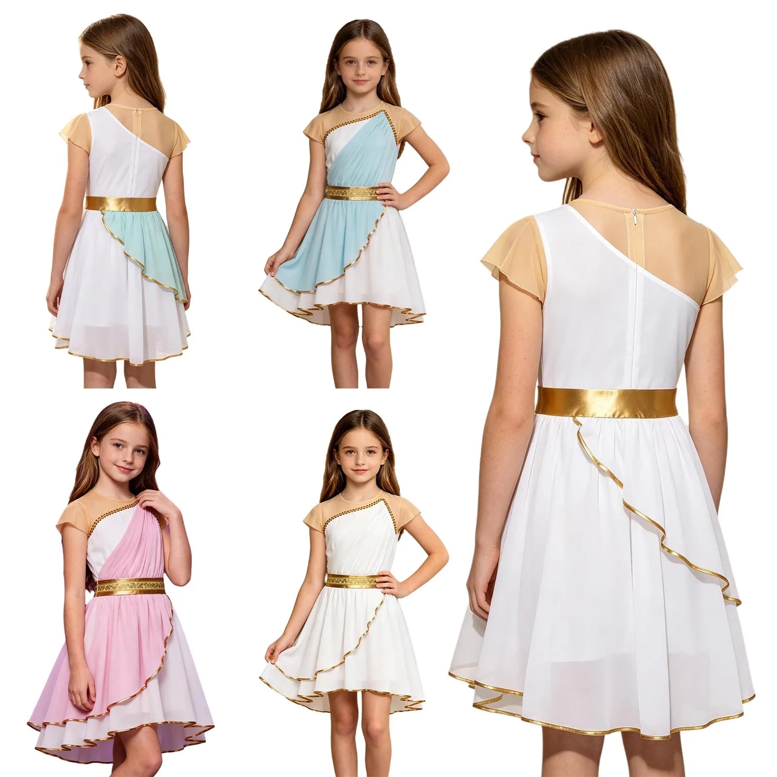 Disfraz de Atenea para Niñas, Toga Romana Griega Antigua de Manga Corta, Malla Metálica, Vestido de Princesa Griega, Túnica de Coro para Halloween