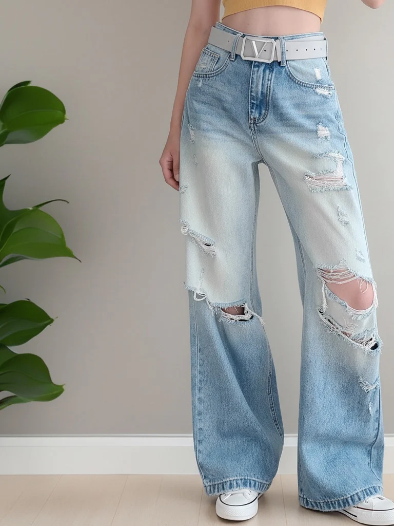 

Джинсы женские с высокой талией, широкими штанинами, прямым кроем, рваным дизайном, свободного кроя, для весеннего сезона, премиум-класса