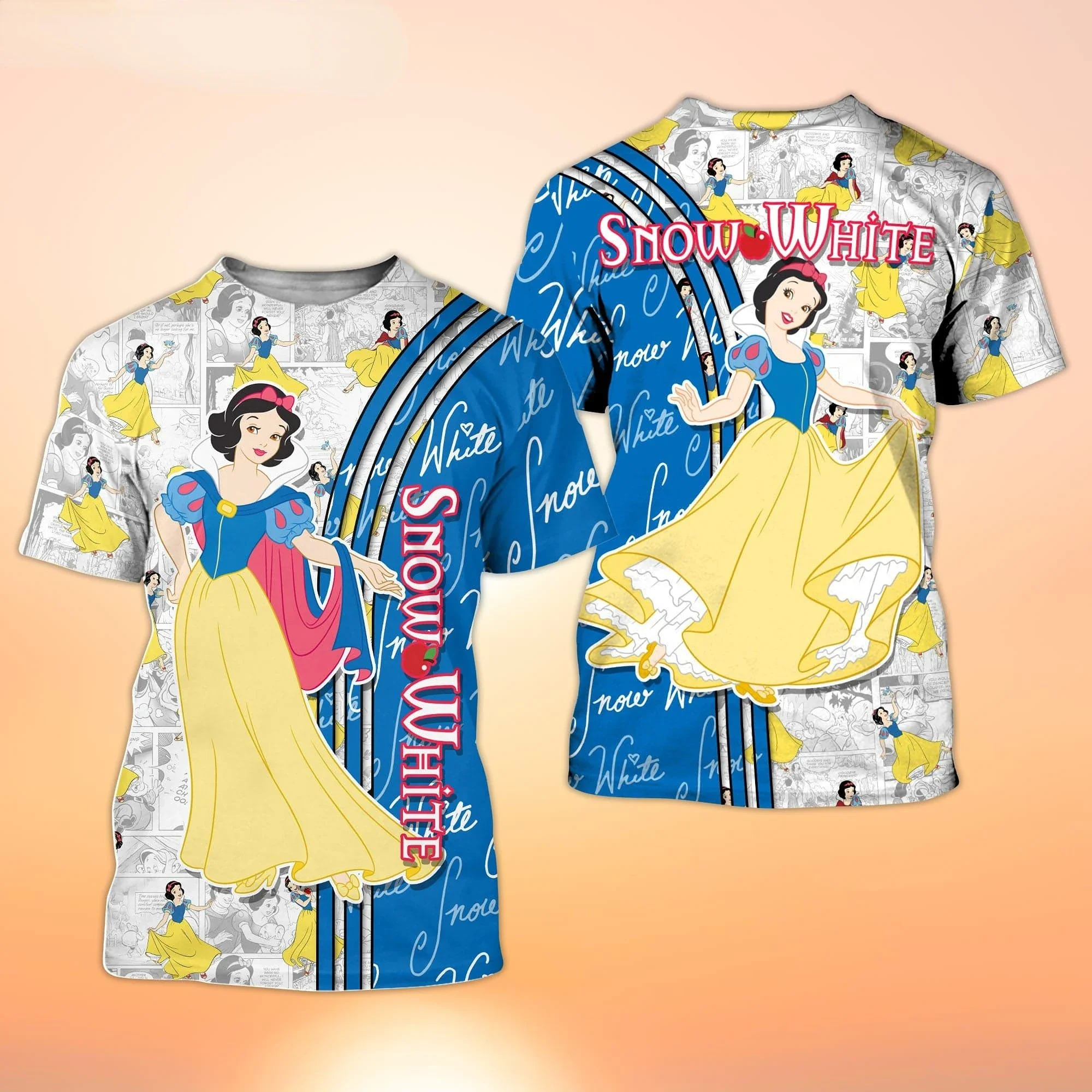 Snow White Princess Blue Cross Comic Book Patterns Disney Cartoon 3D T-Shirt