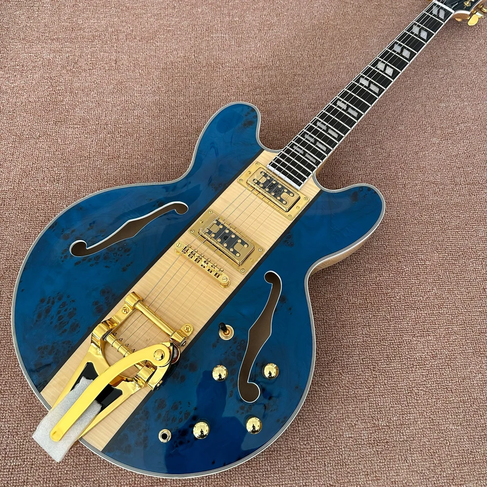 

Made in China, 335 Blue Semi-Hollow Electric Guitar Jazz, Gold Hardware, Rosewood Fingerboard, 2 Pickups
