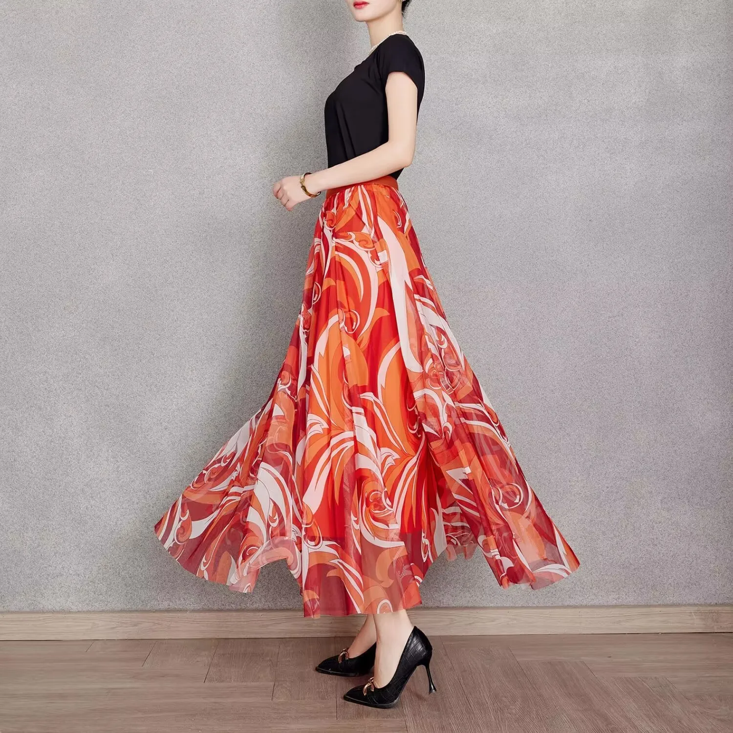 Big Hem Female Beach Skirts Summer Women Elastic Waist Chiffon Long Skirt A Line Dancing Skirt