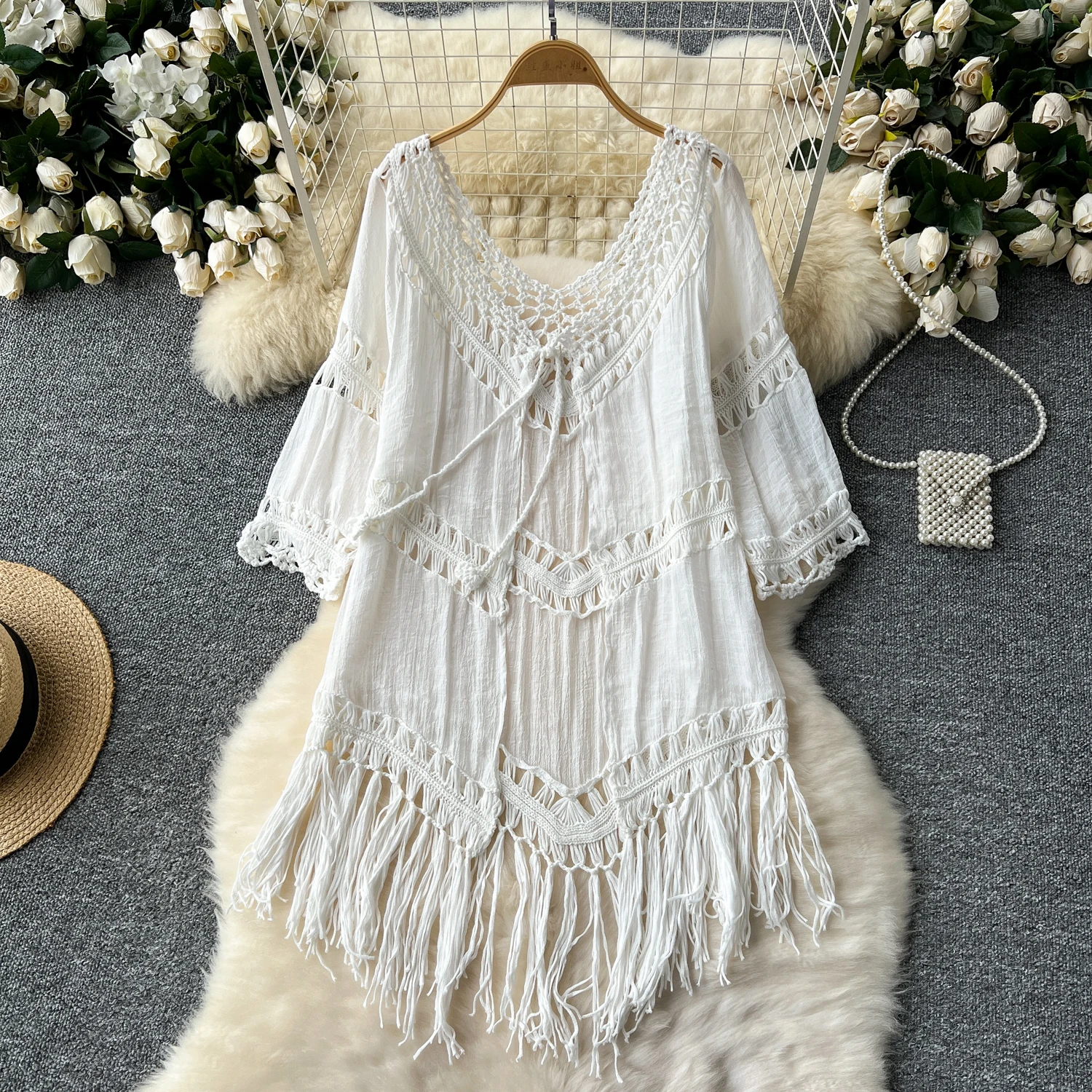 

2025 Spring And Autumn Seaside Vacation Hollow Crochet Lace-up V-neck Cardigan Women's Boho Beach Outerwear Loose Tassel Dress