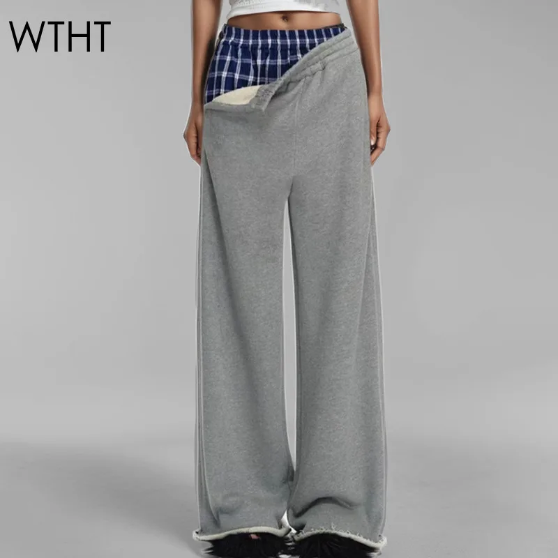 WTHT Fashion Women's Patchwork Plaid Fake Two-piece Casual Pants 2024 Winter Trendy High Waist Straight Trousers Female 1LS428