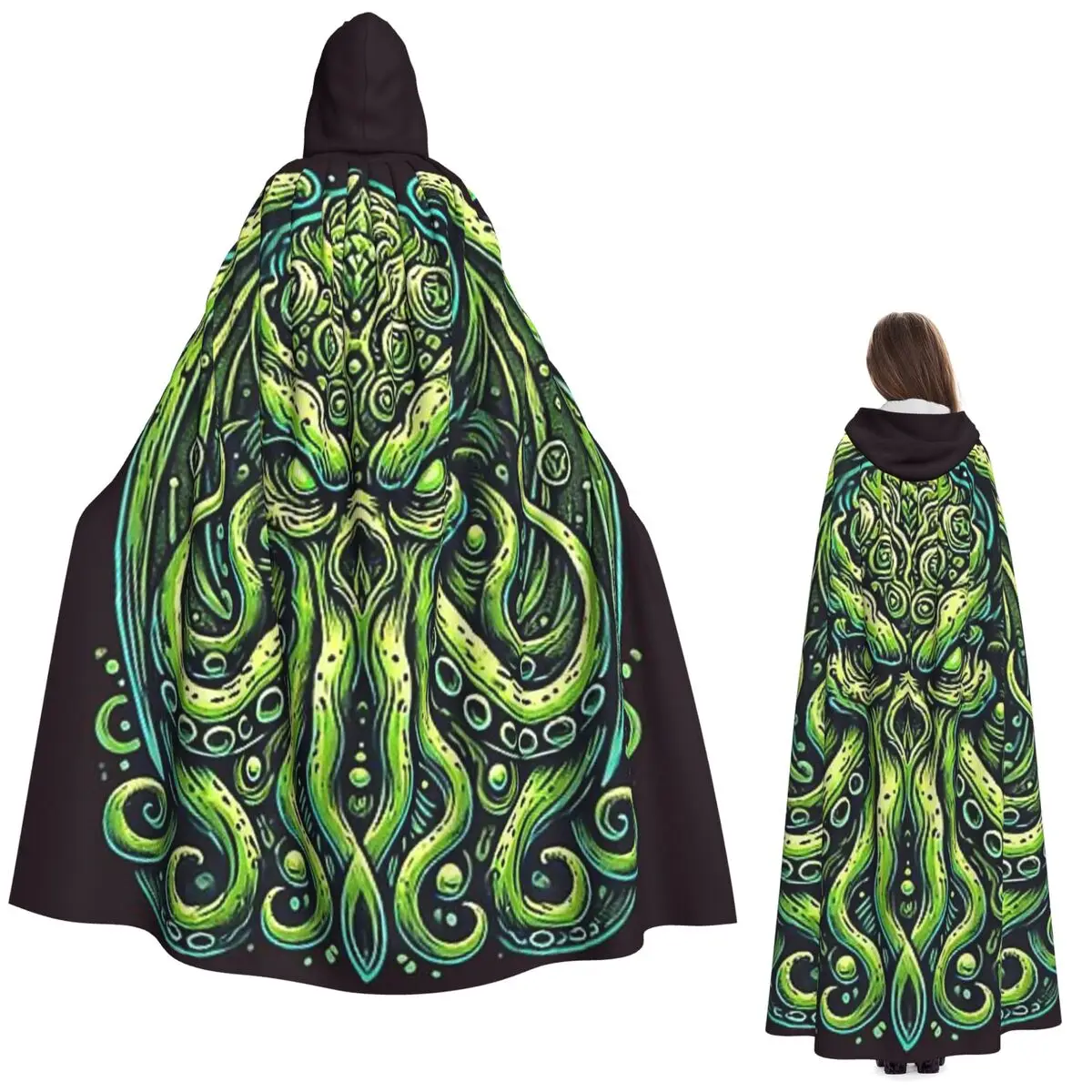 

Green Cthulhu Octopus With Tentacles And Teeth Long Hooded Cloak Witch Medieval Costume Cosplay Cape HalloweenVampire Unisex