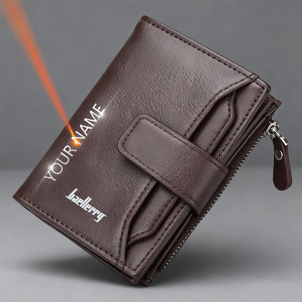 

Мужские короткие кошельки с гравировкой имени, большая емкость, карман для монет на молнии, держатель для фотографий, высококачественные зажимы для карт для мужчин