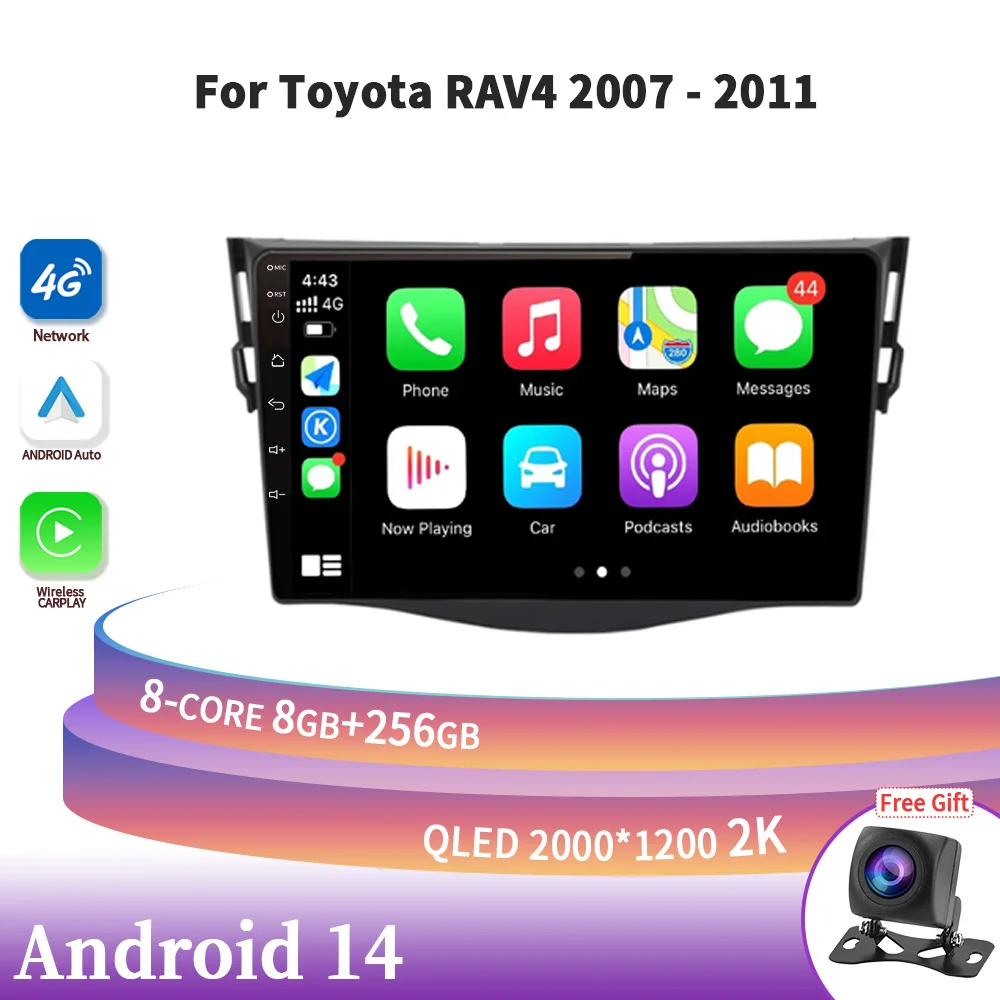 

Wireless Carplay Stereo Auto Radio Multimedia Navigation 4G GPS Android 14 Auto Car Screen For Toyota RAV4 2007-2011 Head Unit