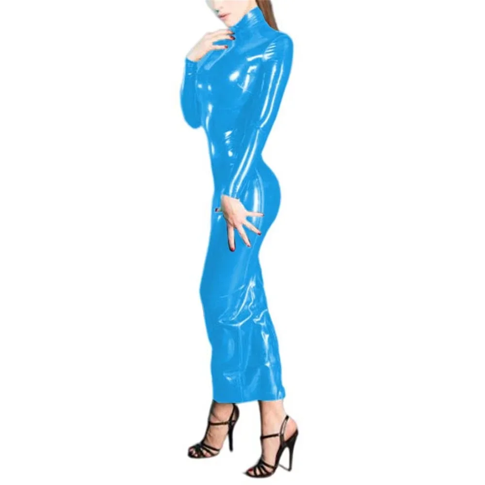 Women Sexy Bodycon Dress Shiny PVC Leather Turtleneck Hip Wrap Maxi Dress Party Night Clubwear Faux Latex Long Sleeve Vestido