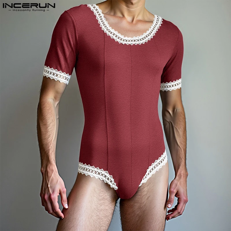 INCERUN Men Bodysuits Lace Patchwork O-neck Short Sleeve Sexy Male Rompers Playsuits 2025 Summer Streetwear Fashion Bodysuit Men