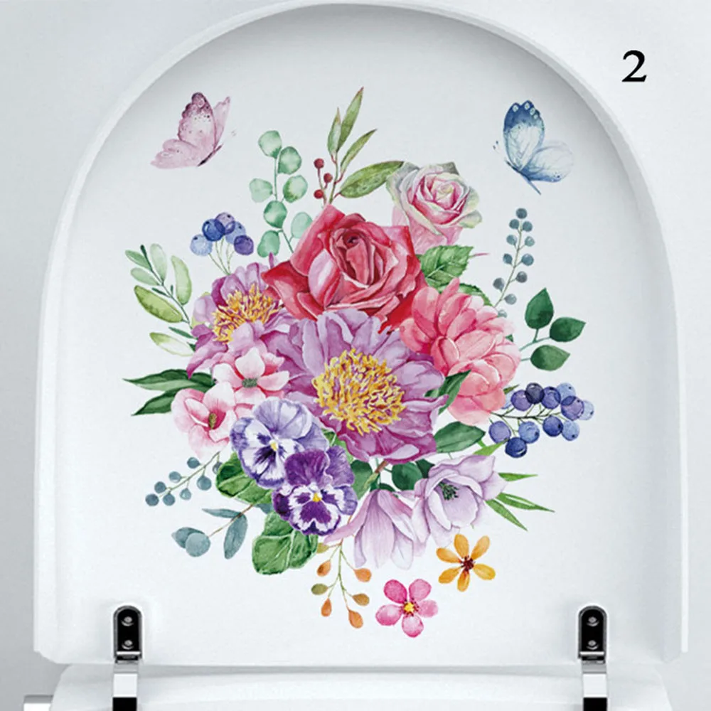 1pc Flower Toilet Stickers Bathroom Seat Cover Sticker Self-adhesive Removable Waterproof PVC Sticker Refrigerator Posters