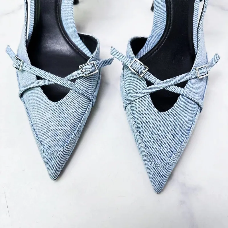 Woman Blue Bow Knot High Heels Sexy Pointed Slingback Pumps Heels Sandals 2024 Summer New Elegant Party Female Sandals