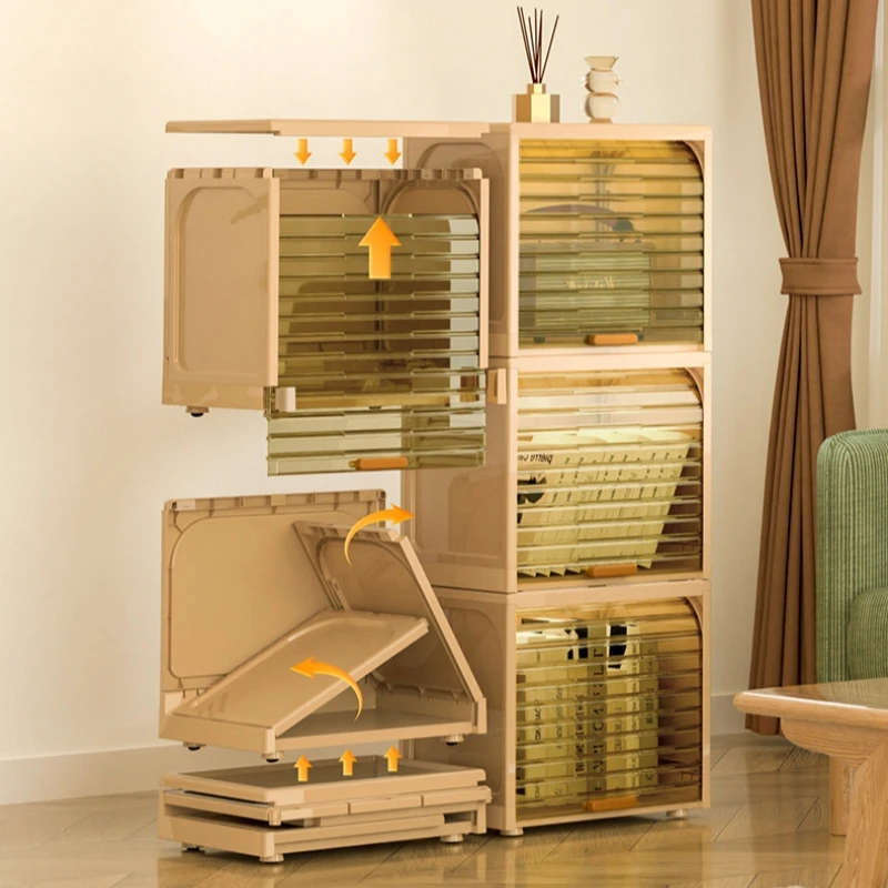 Living room bedroom balcony books and clothes folding floor can be stacked storage cabinet transparent storage rack