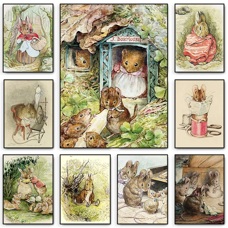 Cartoon Animal Fairy Tales Illustration Comic Poster Squirrel Hedgehog Rabbit Mice Canvas  Wall Art Kids Room Home Decor