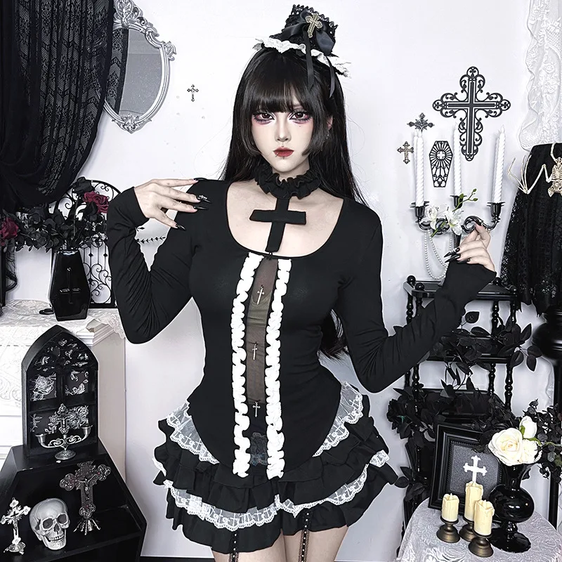 

Embellished Ruffled Mesh Cross Long Sleeve T-shirts Fashion Cyber Y2K Mall Goth Slim Tops Women Casual Tees Streetwear