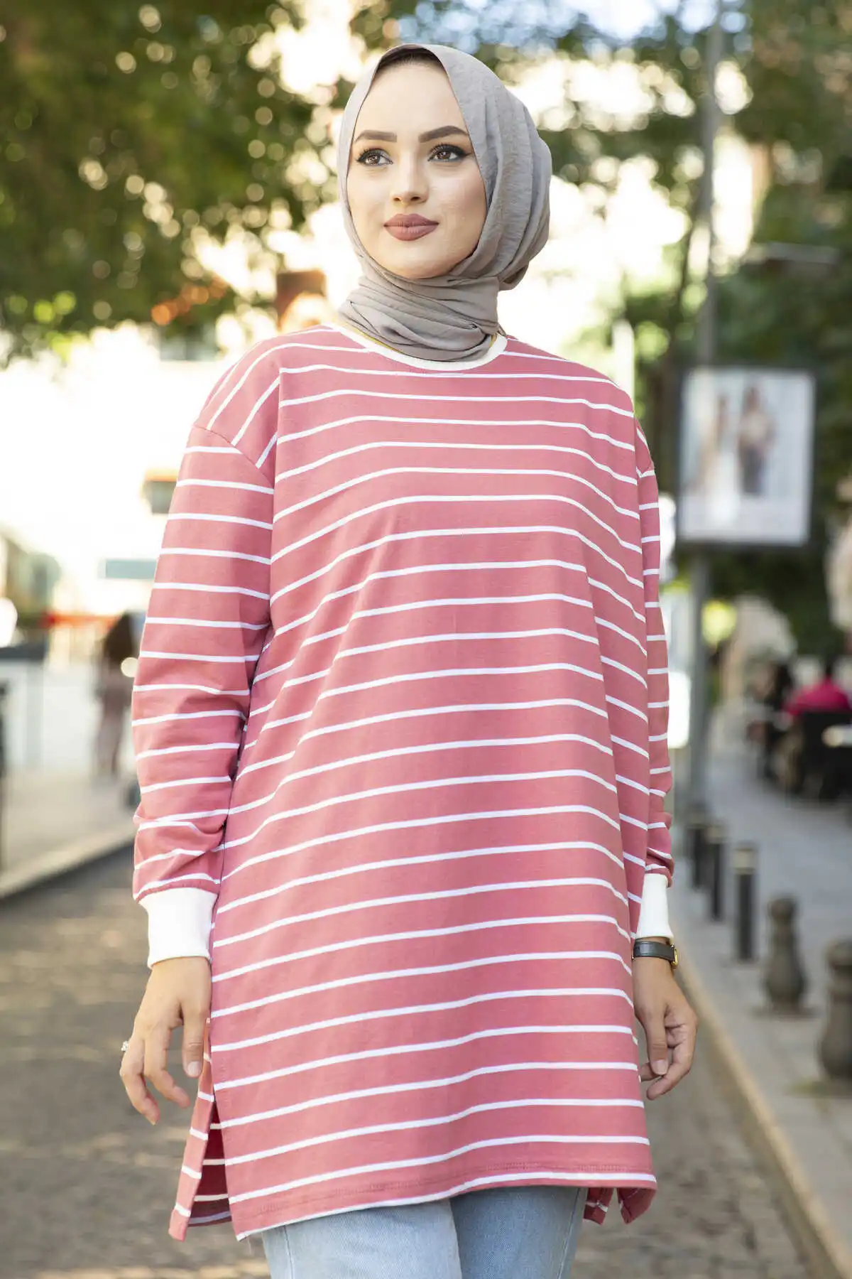 Striped Sportswear Tunic Dirty Pink Winter Autumn 2021 Muslim Women Hijab headscarf Islamic Turkey