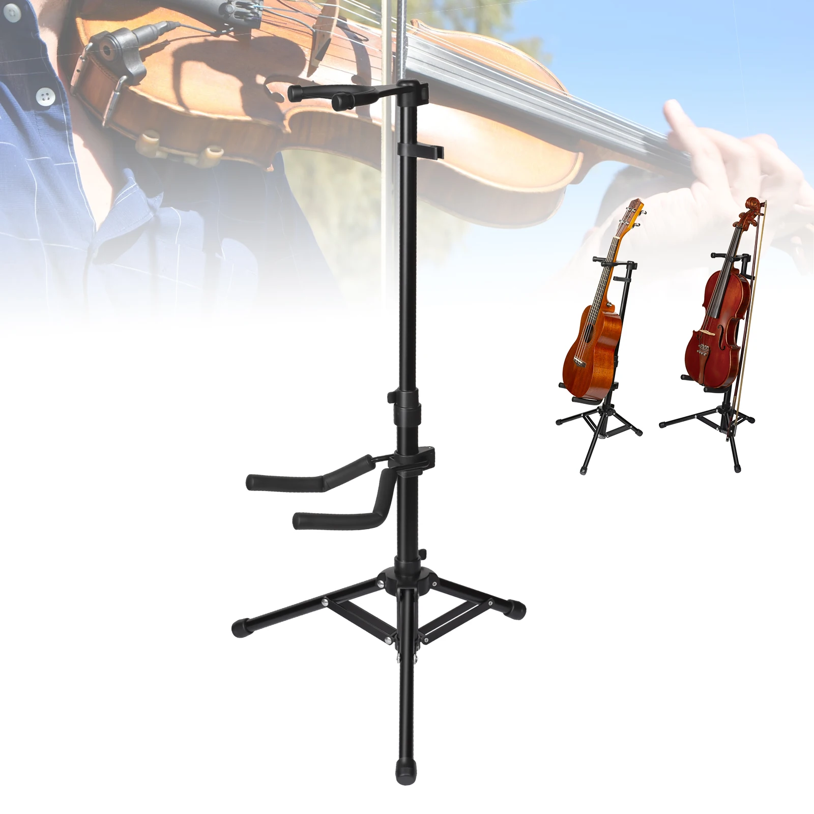 

Aluminum Alloy Foldable Violin Floor Stand with Bow Holder , Head Protection Lock, Height Adjustable Ukulele Violin Stand