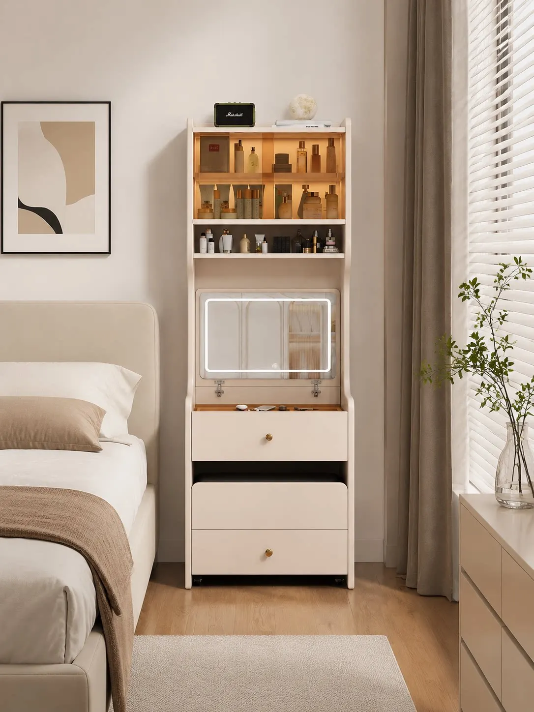 Solid wood small vanity vanity , compact bedroom bedside, integrated mini flip multifunctional vanity table