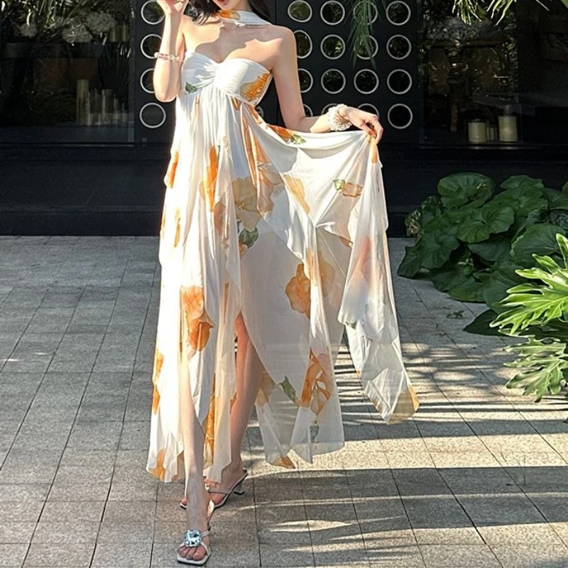 

Yujie Romantic Irregular Mesh Splicing Folded Printed Strapless Dress for Women