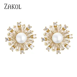 ZAKOL New Exquisite Cubic Zirconia & Imitation Pearls Snowflake Stud Earrings for Women Fashion Party Birthday Christmas Gift